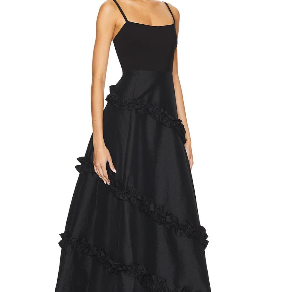 🖤✨ Likely Arissa Gown Black Ruffle Trim Taffeta Maxi Dress Sz 12 - Picture 2 of 15